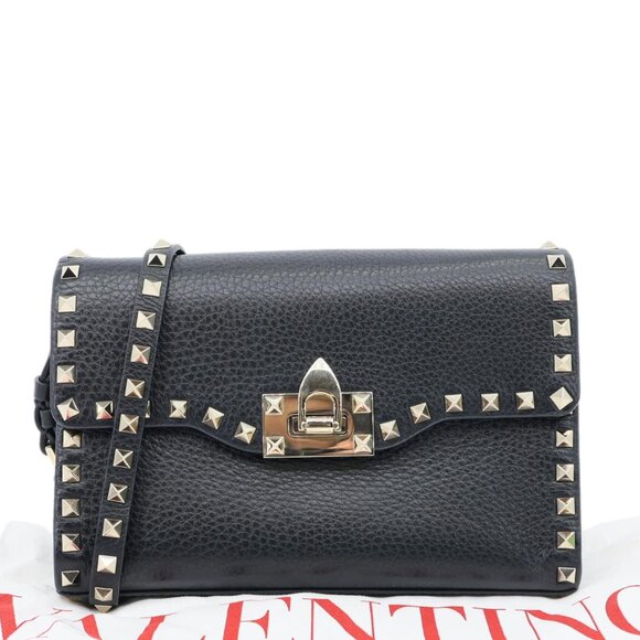 Valentino  Rockstud Flip Lock Small Grained Calfskin Leather Crossbody Bag Black - Picture 3 of 10